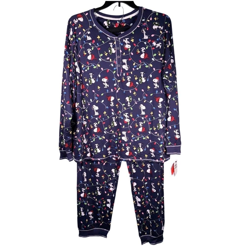 Peanuts‎ Womens Size Large Navy Blue Snoopy Christmas PJs Pajama Set NWT